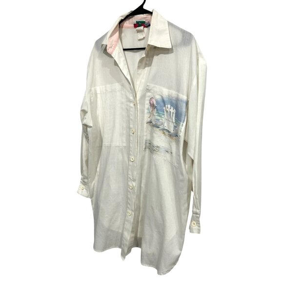Vintage Tiger Lily Beach Scene Button-Down Womens Shirt Cream White Pink Collar - Picture 3 of 9